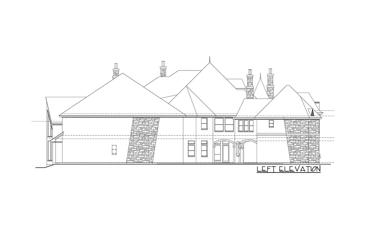Left elevation drawing of a multi-story house with complex rooflines, chimneys, and stone accents.
