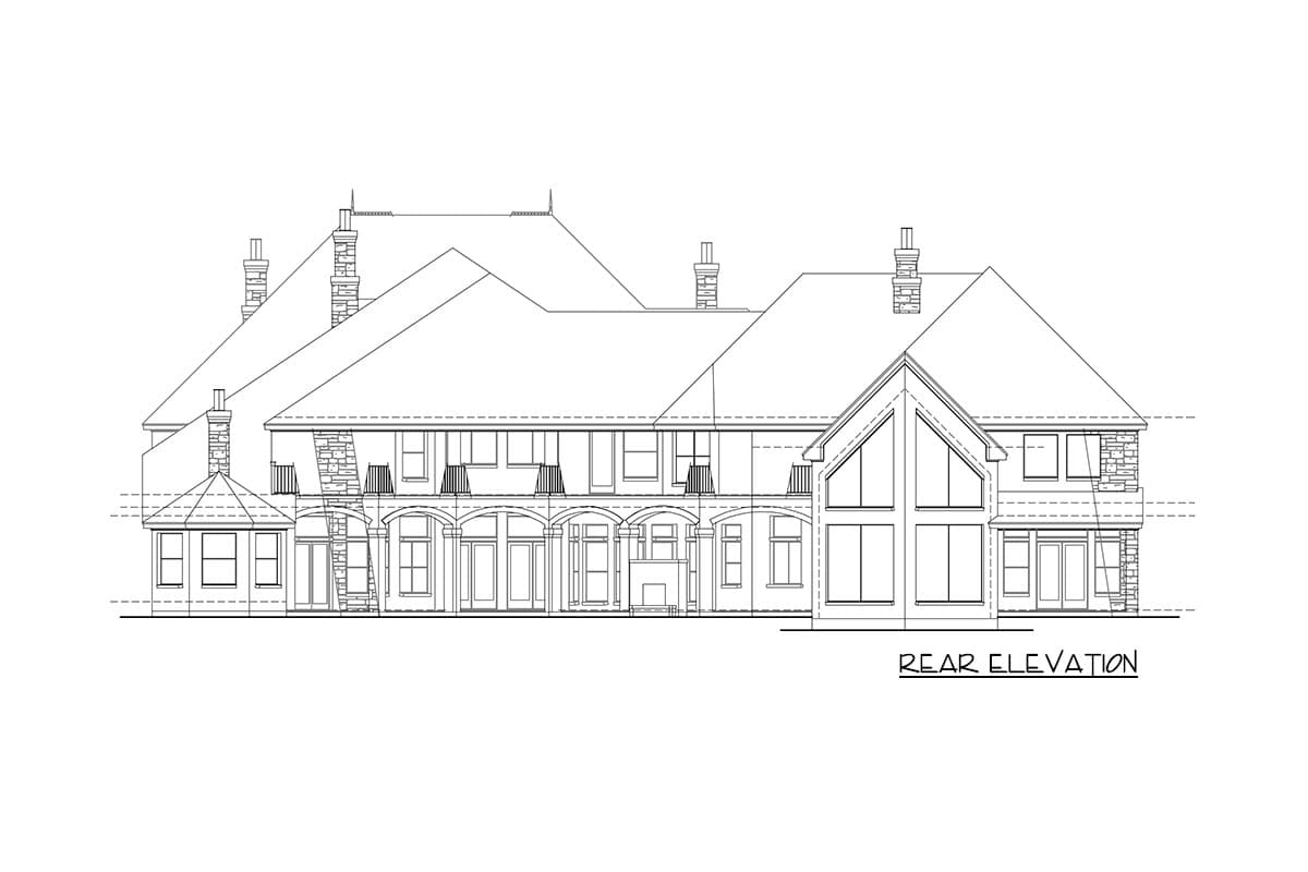 Rear elevation drawing of a house with multiple gables, arched windows, stone accents, and large modern windows.