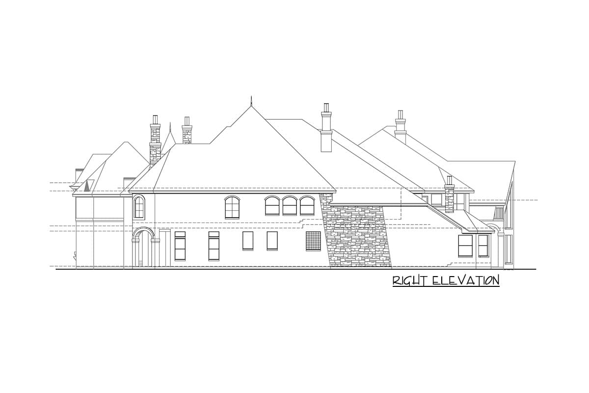 Right elevation drawing of a multi-story house with stone accents, arched entryway, and varied rooflines.