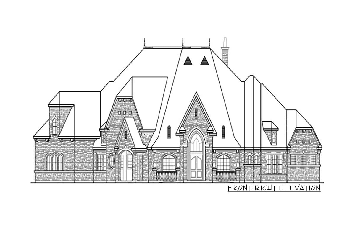 House plan front-right elevation drawing shows a stone-clad multi-story home with steeply pitched roofs, gables, and dormers.
