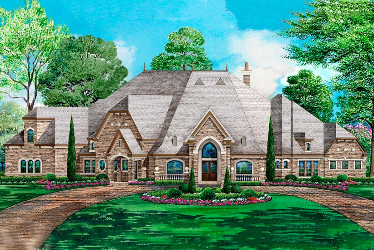 House plan exterior: Stone-clad residence with multiple gables, arched windows, and a prominent central entrance with a circular window above.