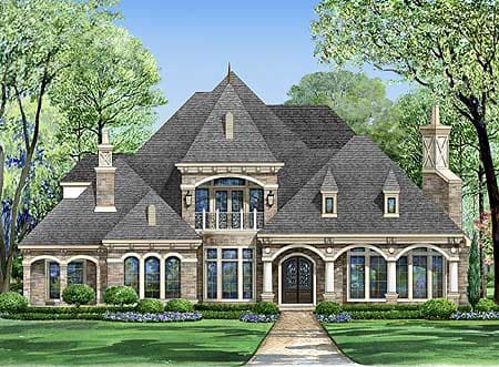 House plan exterior: Two-story home with a multi-gabled roof, arched entryway, balcony, and stone facade.