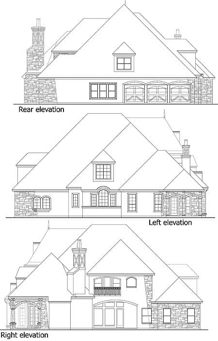 Rear, left, and right elevations of a large house plan featuring stone accents, multiple gables, and a three-car garage.