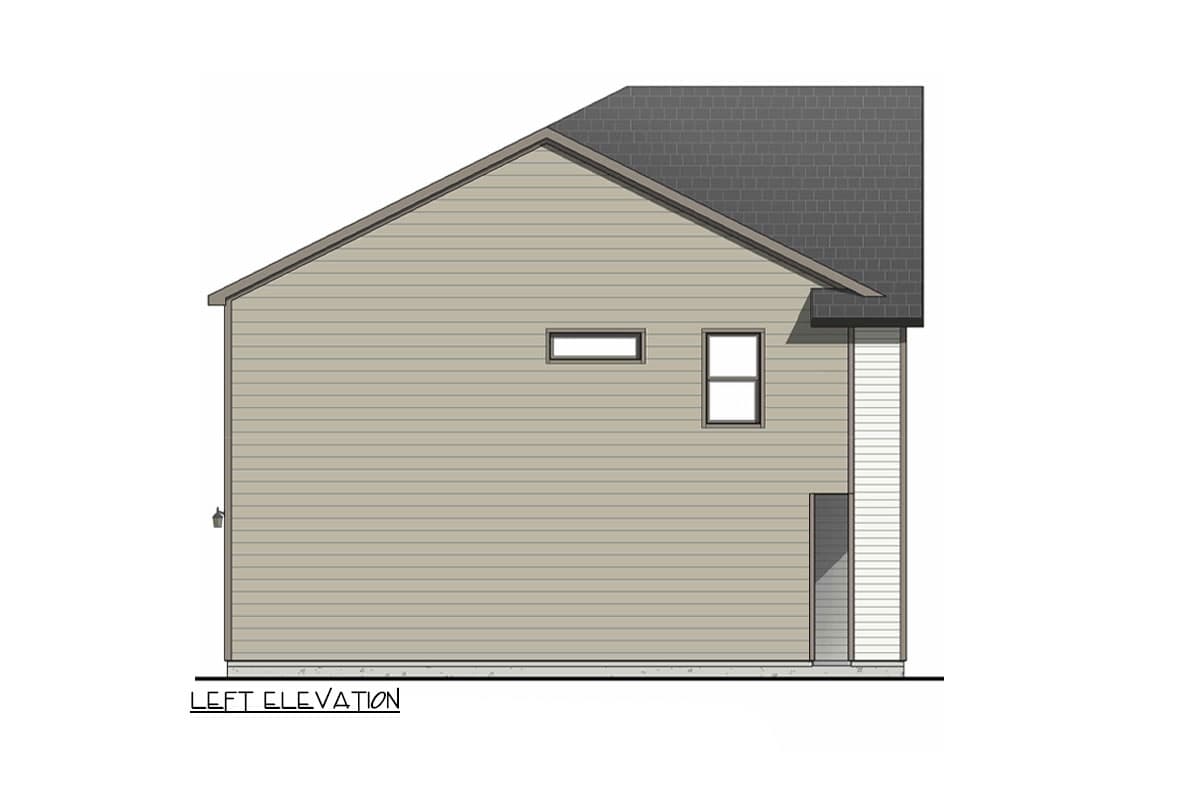 Left elevation house plan with horizontal siding, a pitched roof, and two windows.