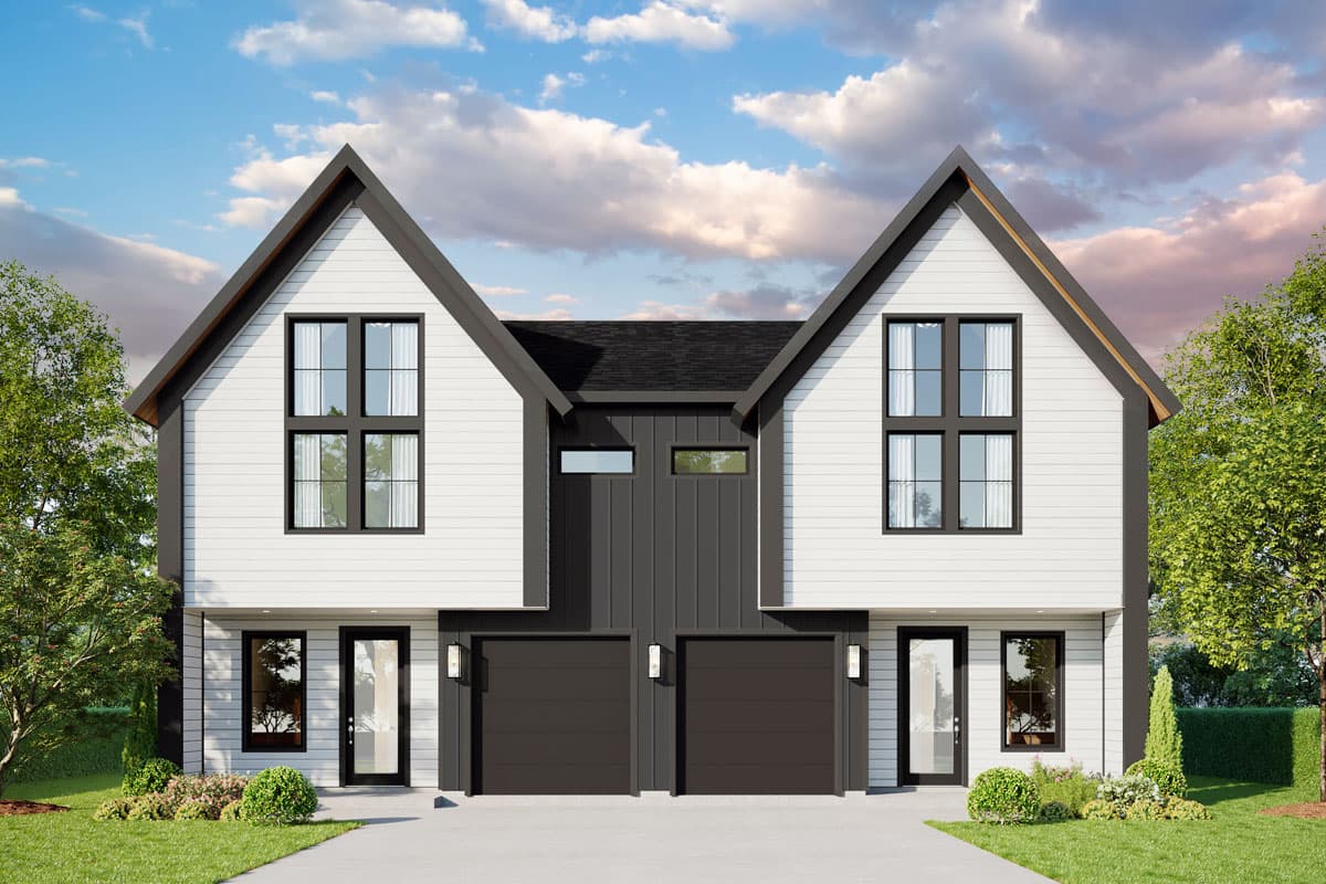 House plan exterior. Modern farmhouse style with two stories, gabled rooflines, dark garage doors, and black framed windows.