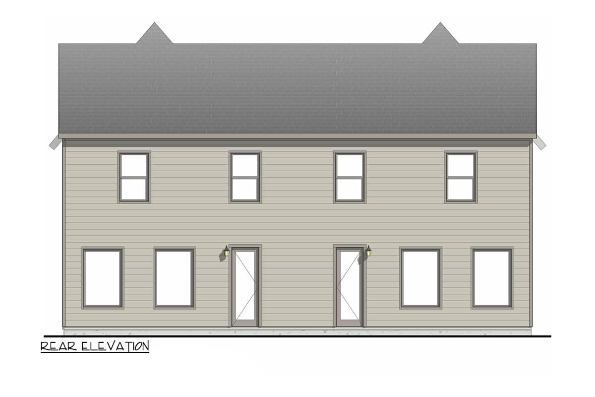 Rear elevation drawing of a two-story house with horizontal siding, six upper windows, two doors, and four lower windows.