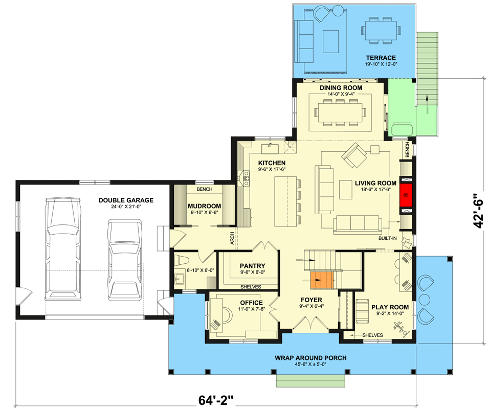 Plan 21020DR: Two-Story Modern Farmhouse Plan with Optionally Finished Lower Level - 2435 Sq Ft - Floor Plan - Main Level - Country, Farmhouse, Modern Farmhouse, New American