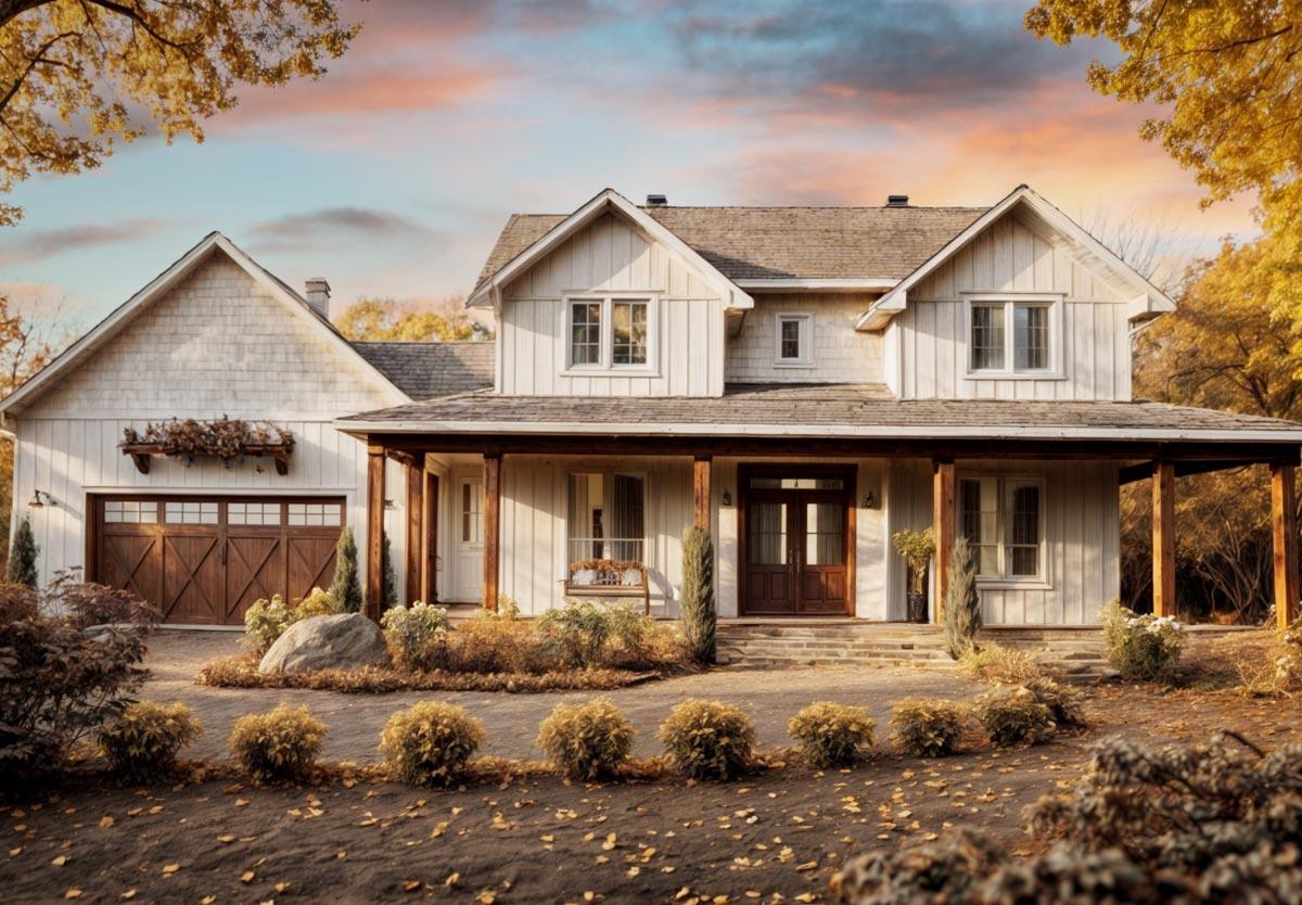 House plan exterior. Two-story Modern Farmhouse with a front porch, gabled roof, and attached garage. Includes wood doors and windows.