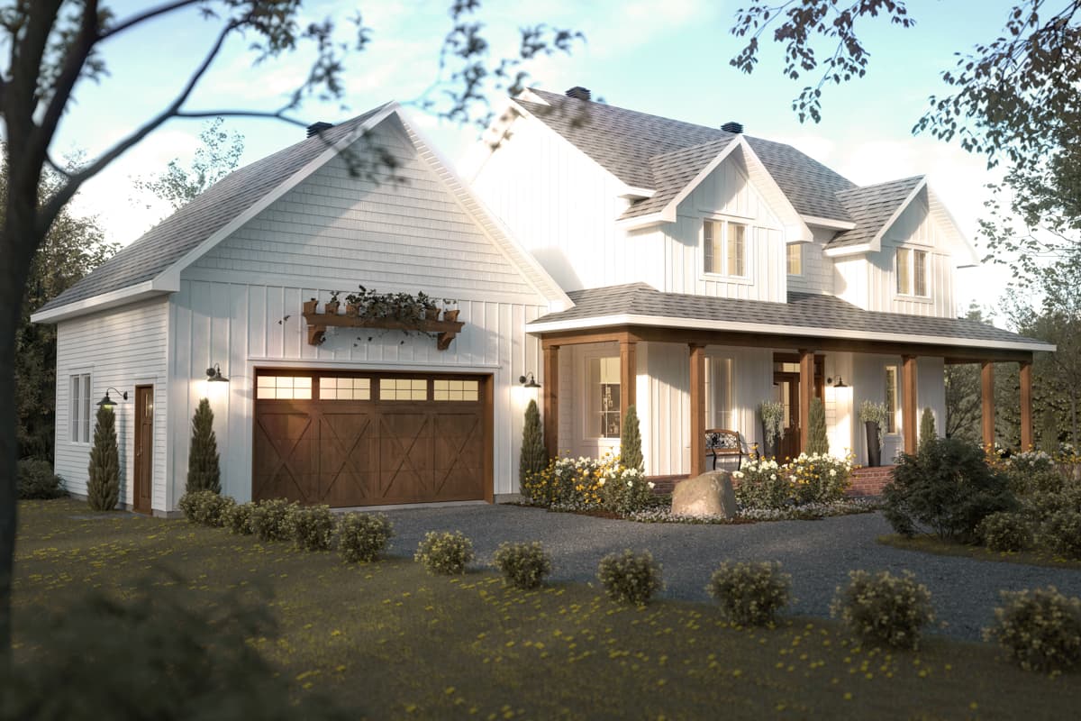 Modern Farmhouse style house plan exterior with two stories, prominent gables, a covered porch, and a two-car side-entry garage.