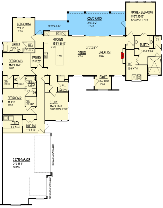 Plan 264182KMD: 4-Bed Southwest Ranch House Plan with Open Concept Great Room - 3060 Sq Ft - Floor Plan - Main Level - Ranch, Southwest