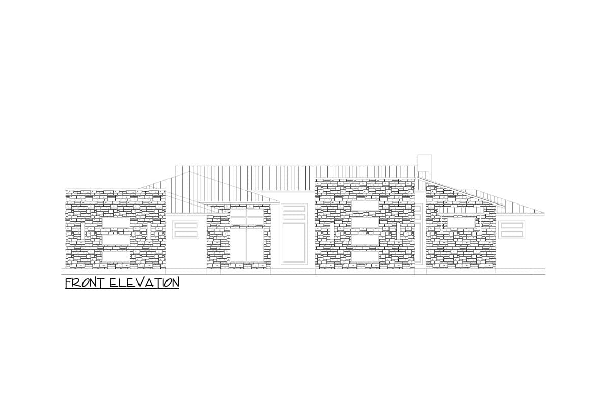 Front elevation drawing of a one-story house plan with stone veneer, multiple gables, and a central entrance with double doors.