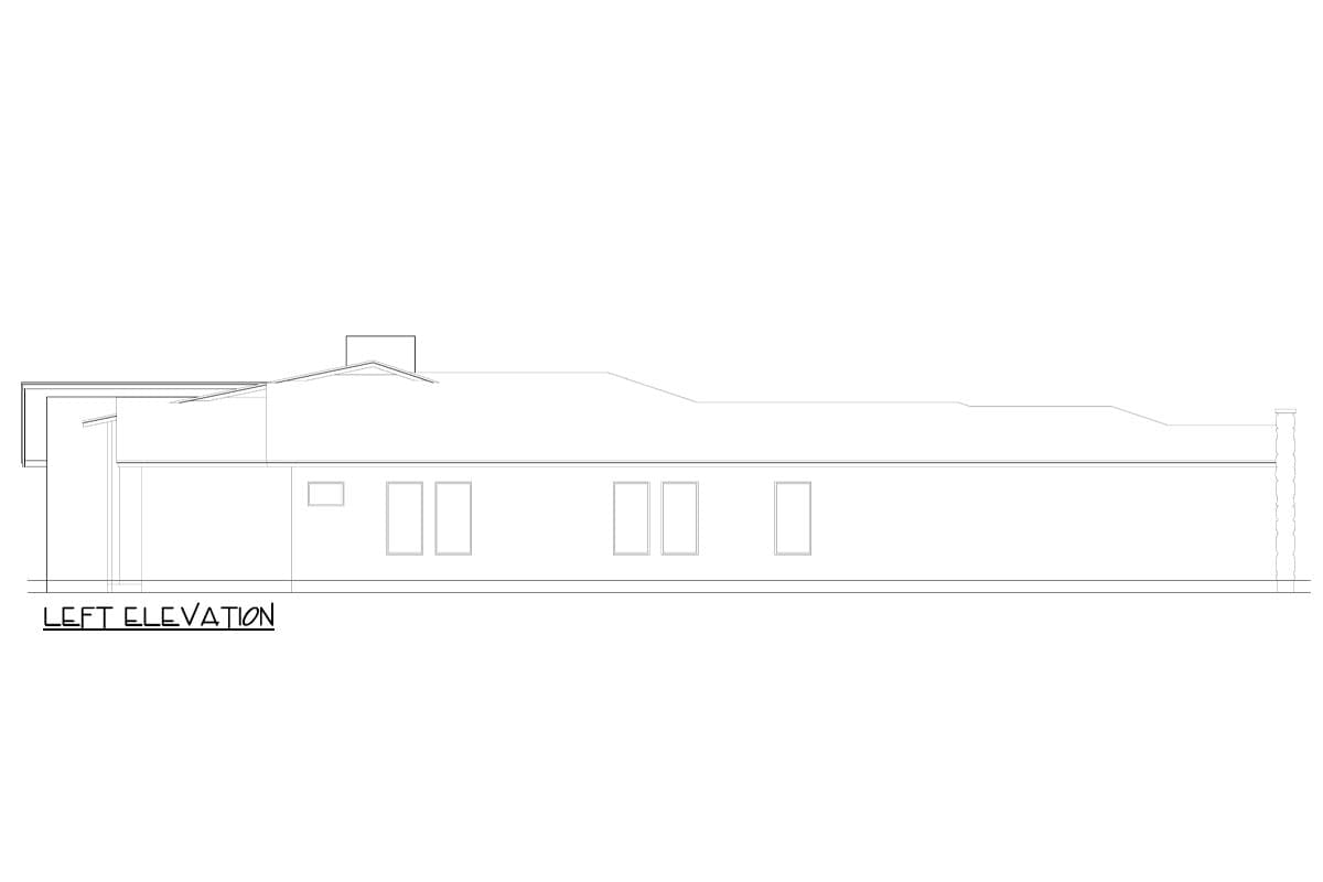 Left elevation of a house plan showing a low-slope roofline, chimney, and multiple windows.