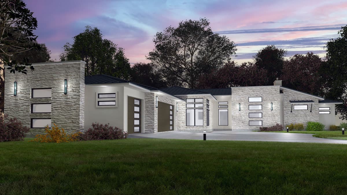 Modern single-story house plan exterior with stone accents, multiple garages, and horizontal windows.