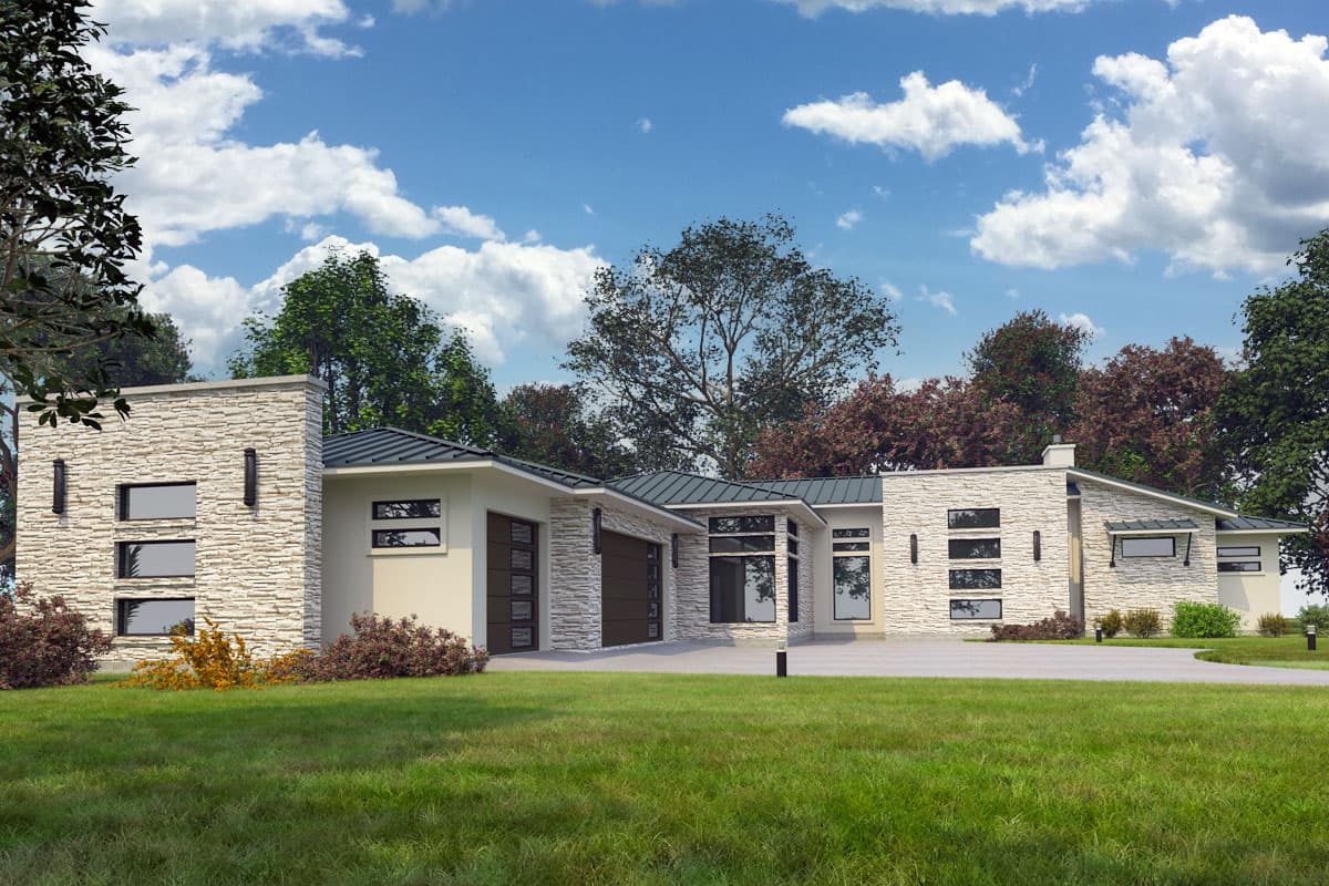 House plan exterior. Modern style, single story, with stone veneer accents, flat rooflines, and a front-entry garage.