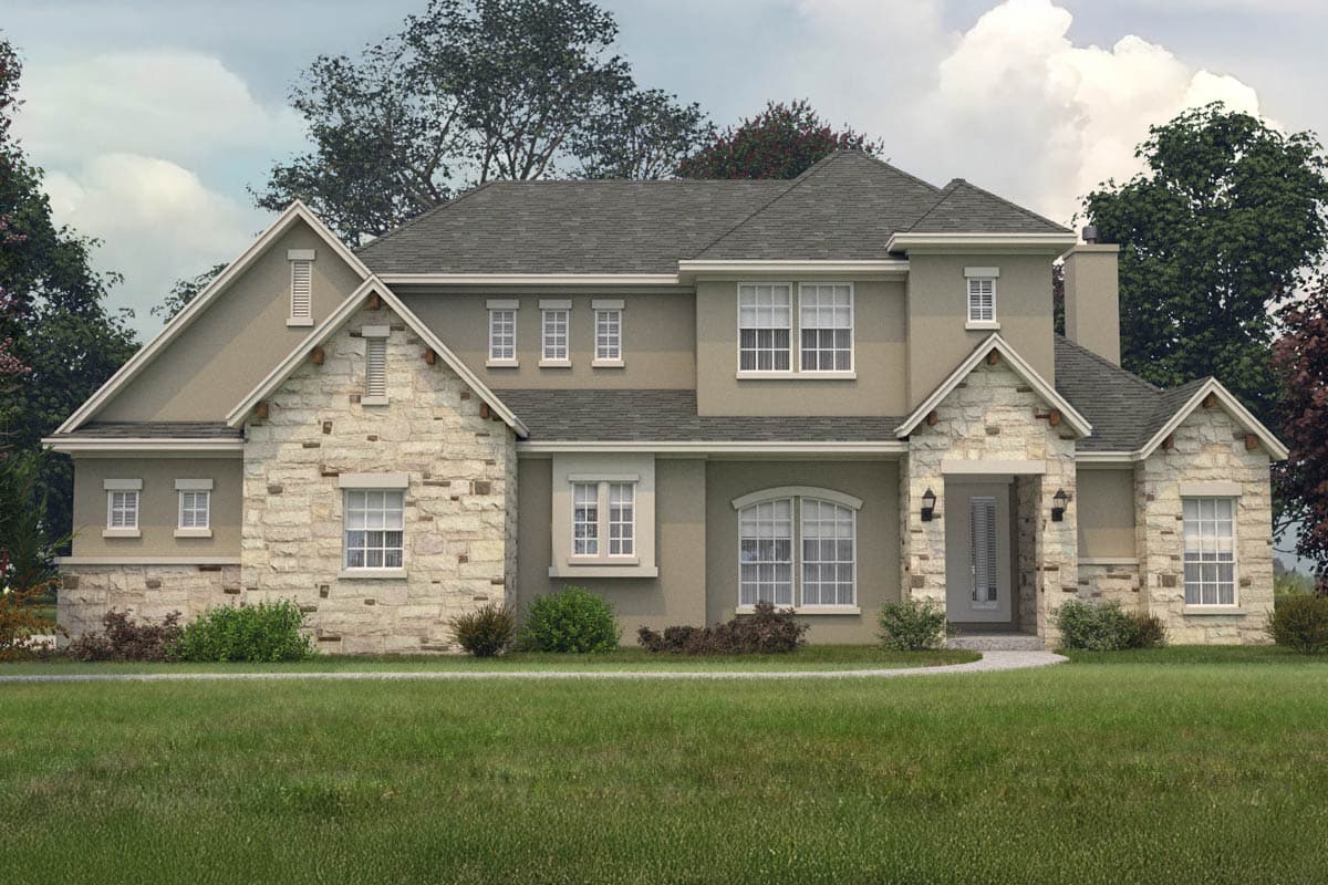 House plan exterior. Two-story home with stone accents, multiple gables, and a mix of rectangular and arched windows. Features a front entry porch.