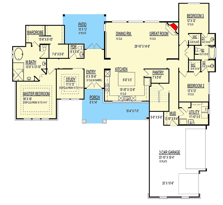 Plan 264184KMD: 4-Bedroom Mountain House Plan with Study and Library - 3096 Sq Ft - Floor Plan - Main Level - Craftsman, Mountain, Traditional