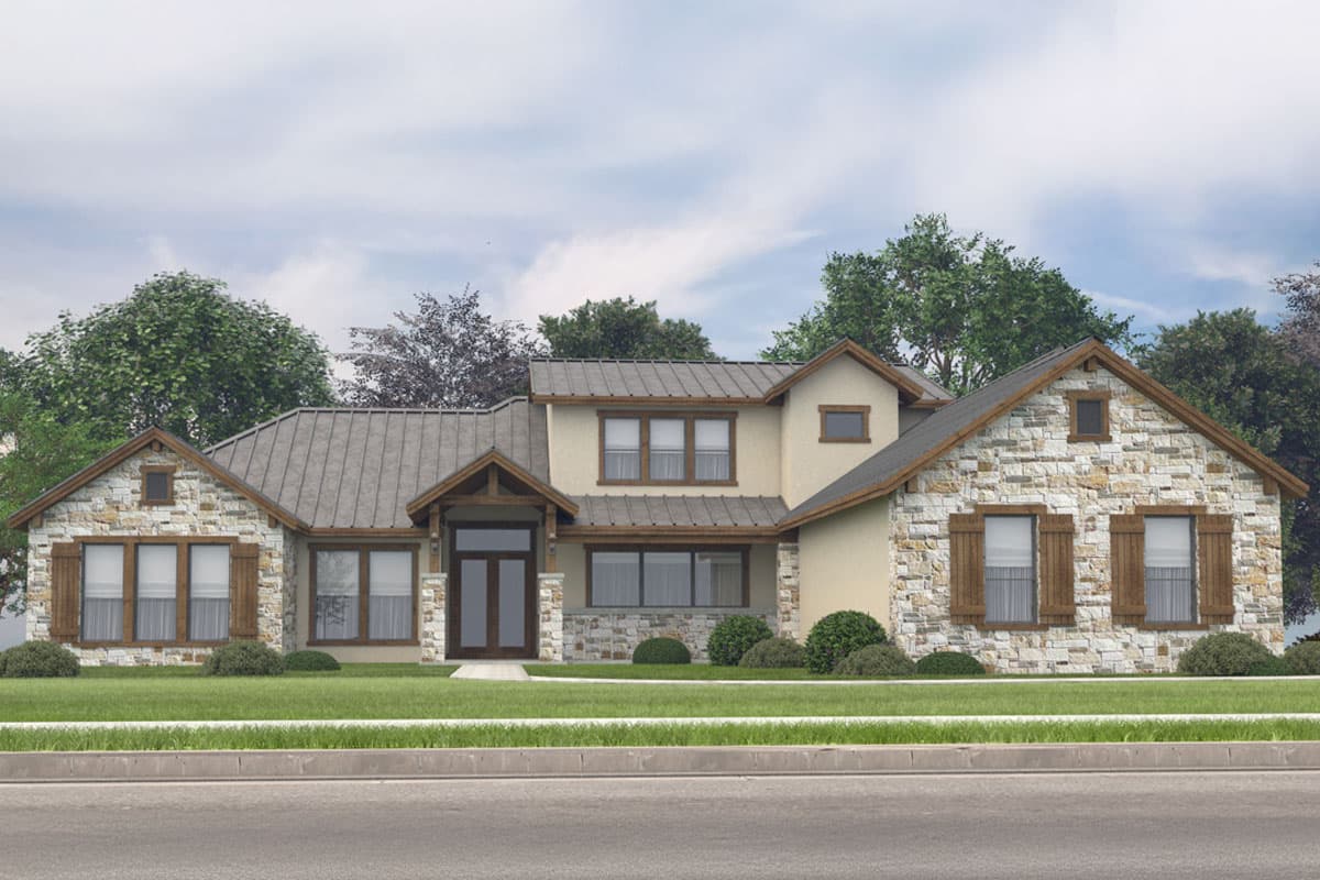 House plan exterior with two stories, stone and stucco facade, gabled rooflines, and a covered front entry porch with wood detailing.