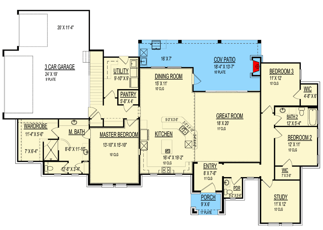 Plan 264185KMD: Single-Story Tuscan House Plan with Split-Beds - 3109  Sq Ft - Floor Plan - Main Level - Tuscan