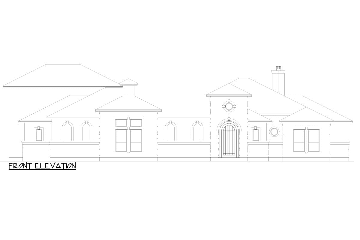 Front elevation house plan: single-story, hip roofs, arched windows, and decorative entry gate.