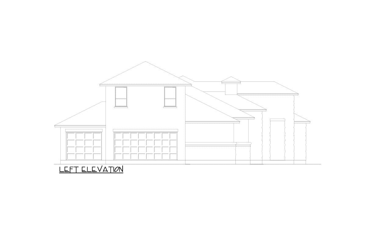 Left elevation house plan for a two-story home with a side-entry two-car garage and prominent rooflines.