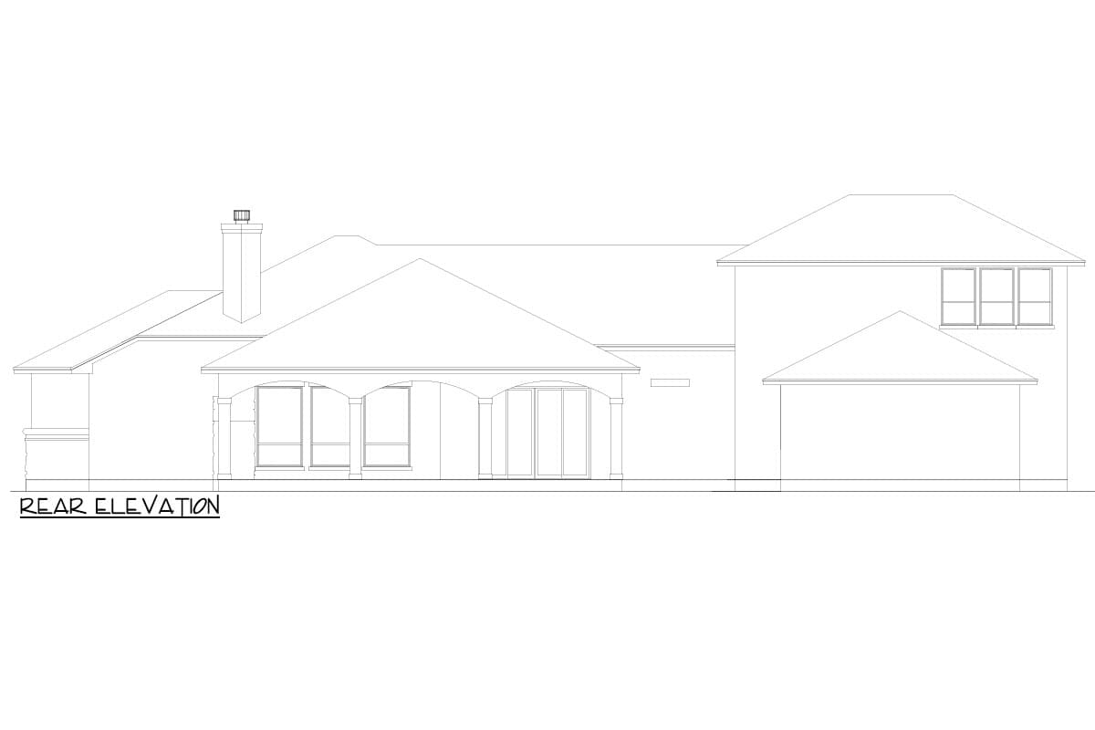 Rear elevation house plan showing covered patio with arched openings, windows, a chimney, and a two-story section with a garage.