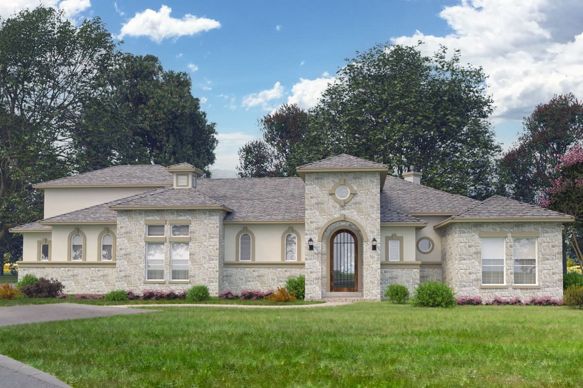 House plan exterior. Two-story Mediterranean style with stone facade. Features include arched entry, round windows, and a multi-gabled roofline.