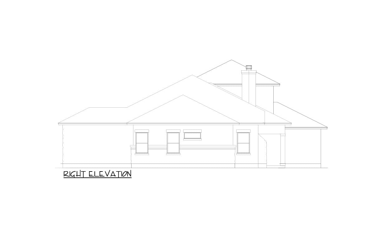 Right elevation drawing of a single-story house plan, showing rooflines, windows, a chimney, and a porch.