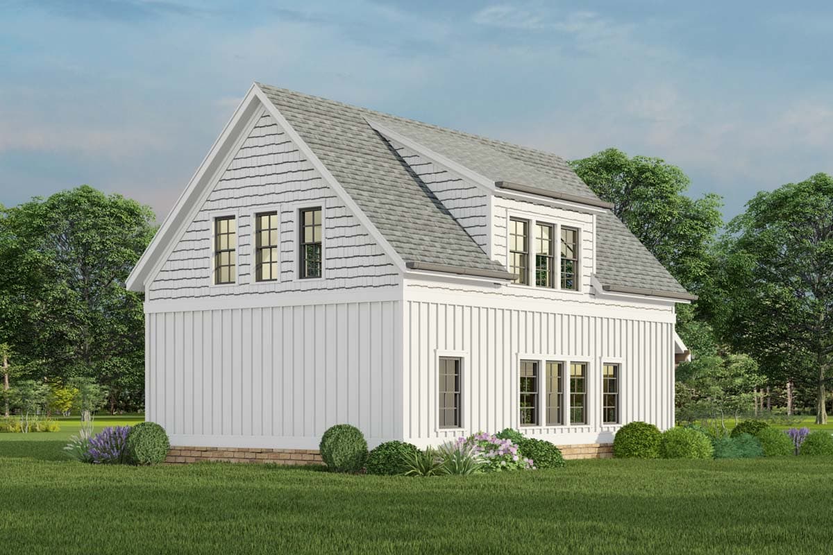 House plan exterior featuring board-and-batten siding, shingle-sided gable, and dormer window.
