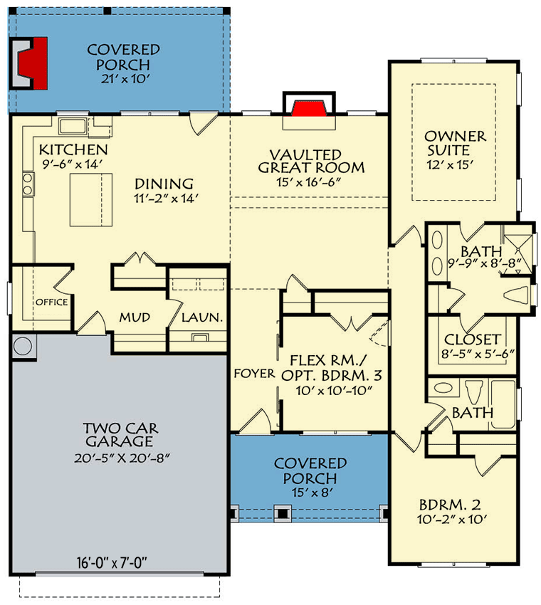 Plan 940002JNK: Country Craftsman House Plan with Flex Room - 1537 Sq Ft - Floor Plan - Main Level - Country, Craftsman, Farmhouse, Modern Farmhouse, Southern