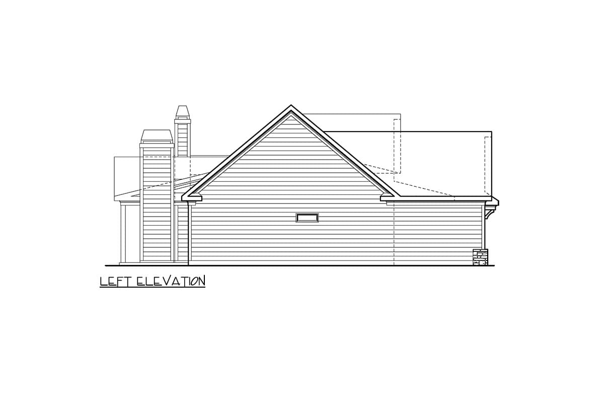Left elevation house plan with gabled roof, chimney, and horizontal siding.