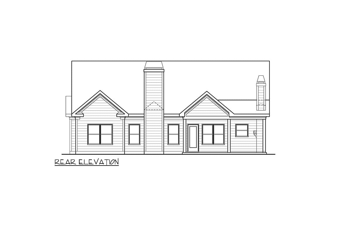 Rear elevation drawing of a single-story house plan with gables, multiple windows, and two chimneys.