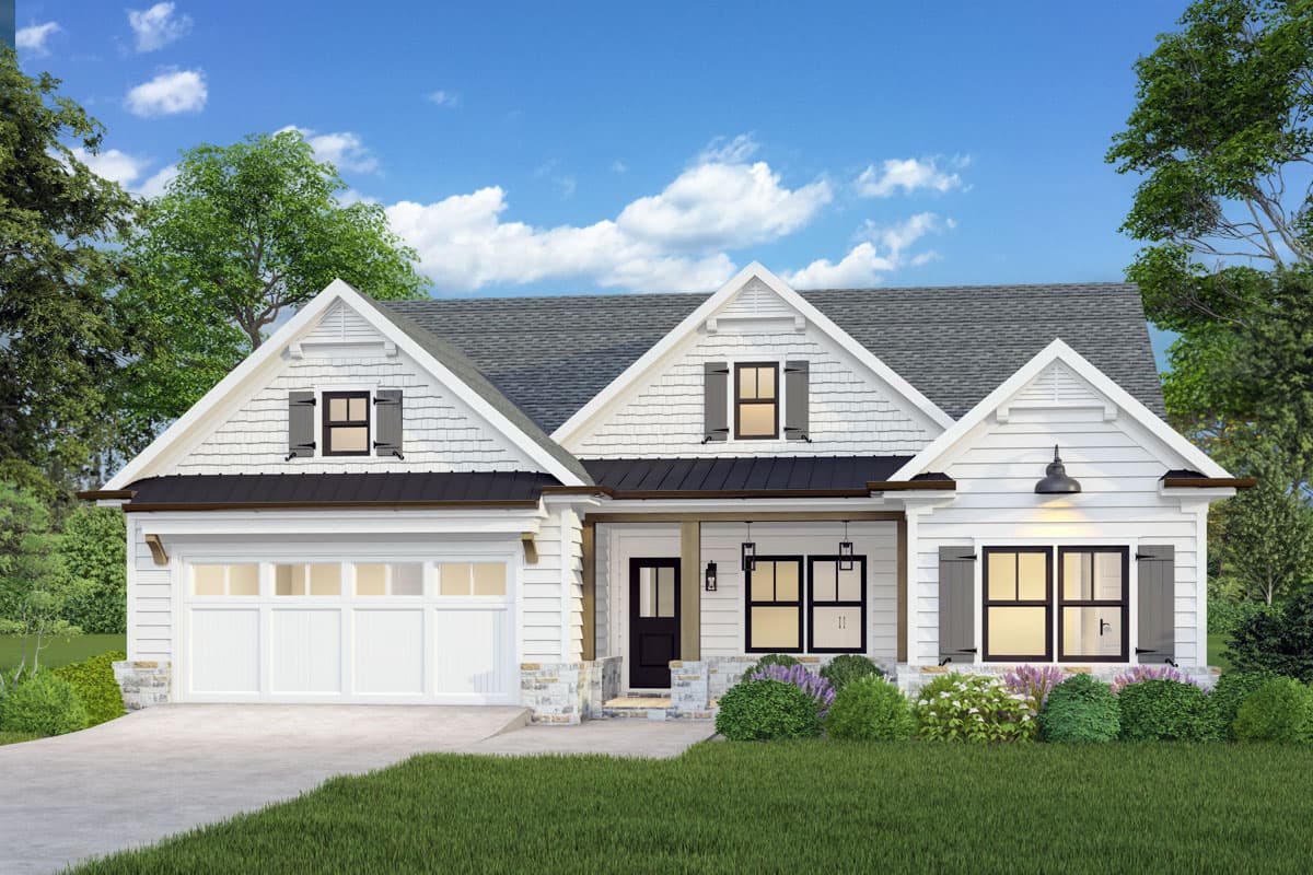 House plan exterior featuring a Craftsman style with a gabled roof, a front porch, dormers, and a garage with a carriage door.