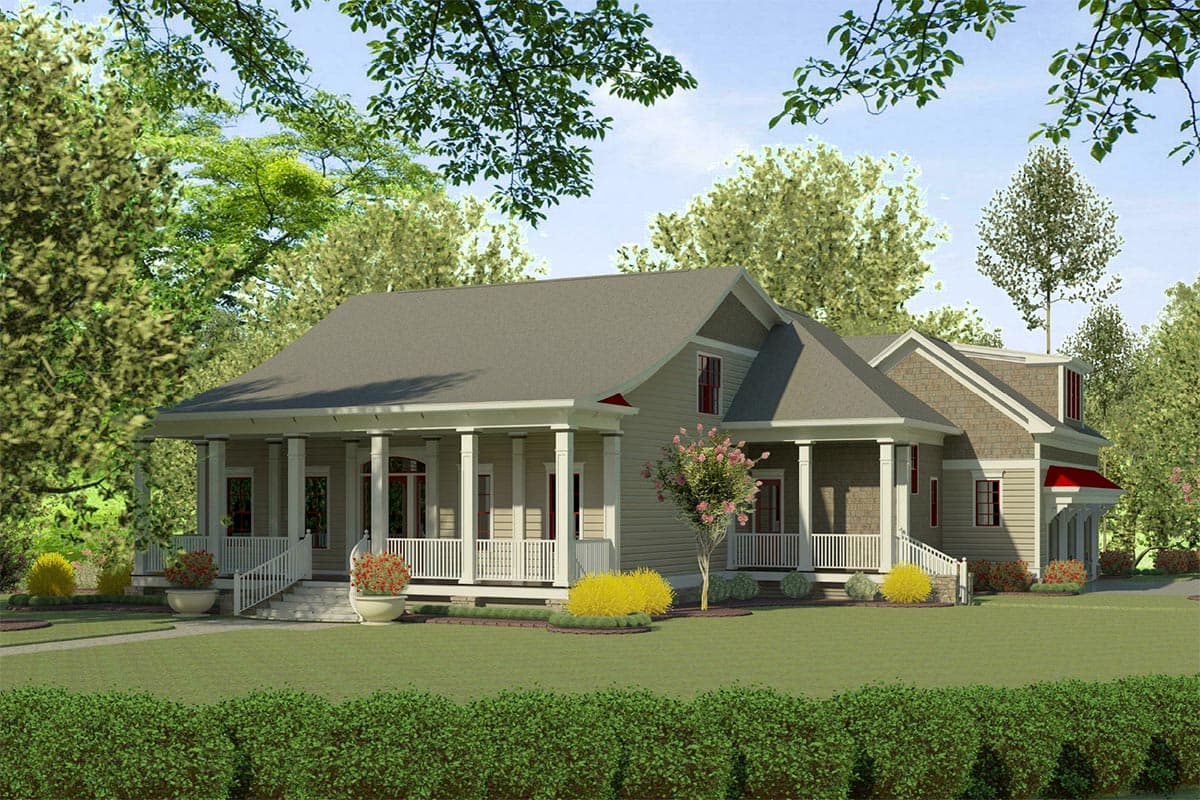House plan exterior featuring a one-story, Craftsman-style design with a large front porch with columns, gables, and dormers.