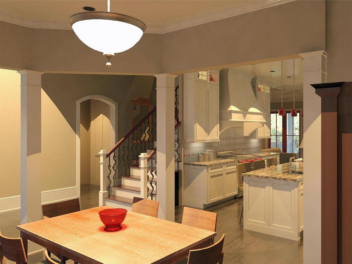 Interior rendering of a dining area and kitchen with island, staircase, and white cabinetry.