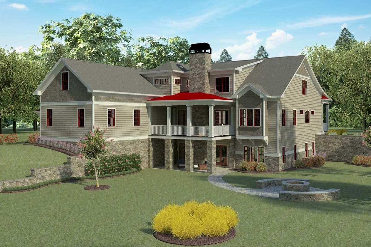 House plan exterior: Craftsman style, two stories, stone base, large gabled dormers, covered upper porch, and prominent stone chimney.