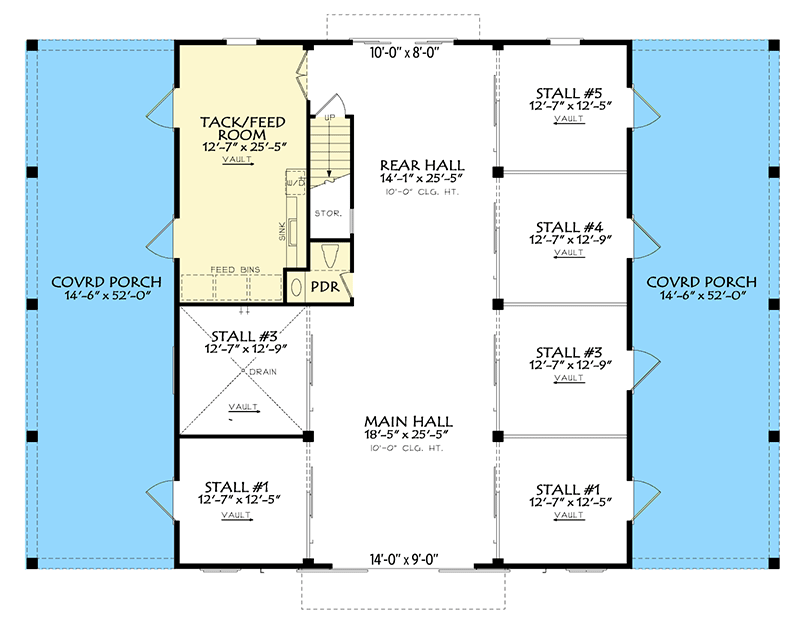 Plan 940003JNK: 6-Stall Barn Plan with 1-Bed 928 Square Foot Apartment Above with Vaulted Ceilings - Floor Plan - Main Level - Barndominium, Country, Modern Farmhouse, Rustic