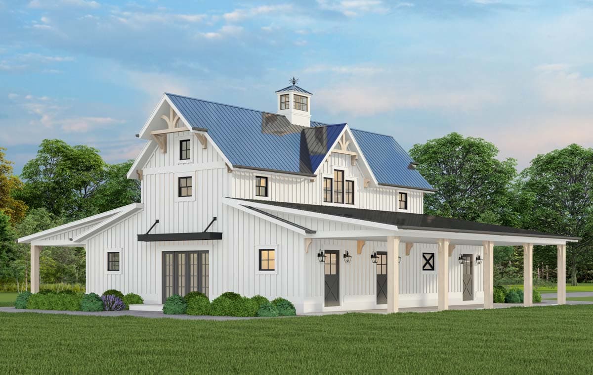 House plan exterior: Modern Farmhouse style, two stories, white board-and-batten siding, blue metal roof, gables, dormers, and covered porches.
