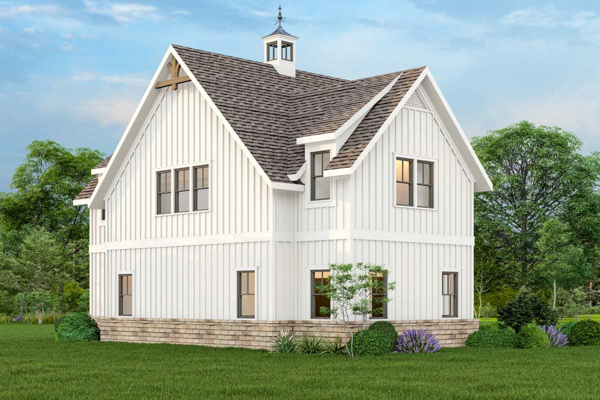 House plan exterior: Modern Farmhouse style, two stories, board and batten siding, gables, and cupola.