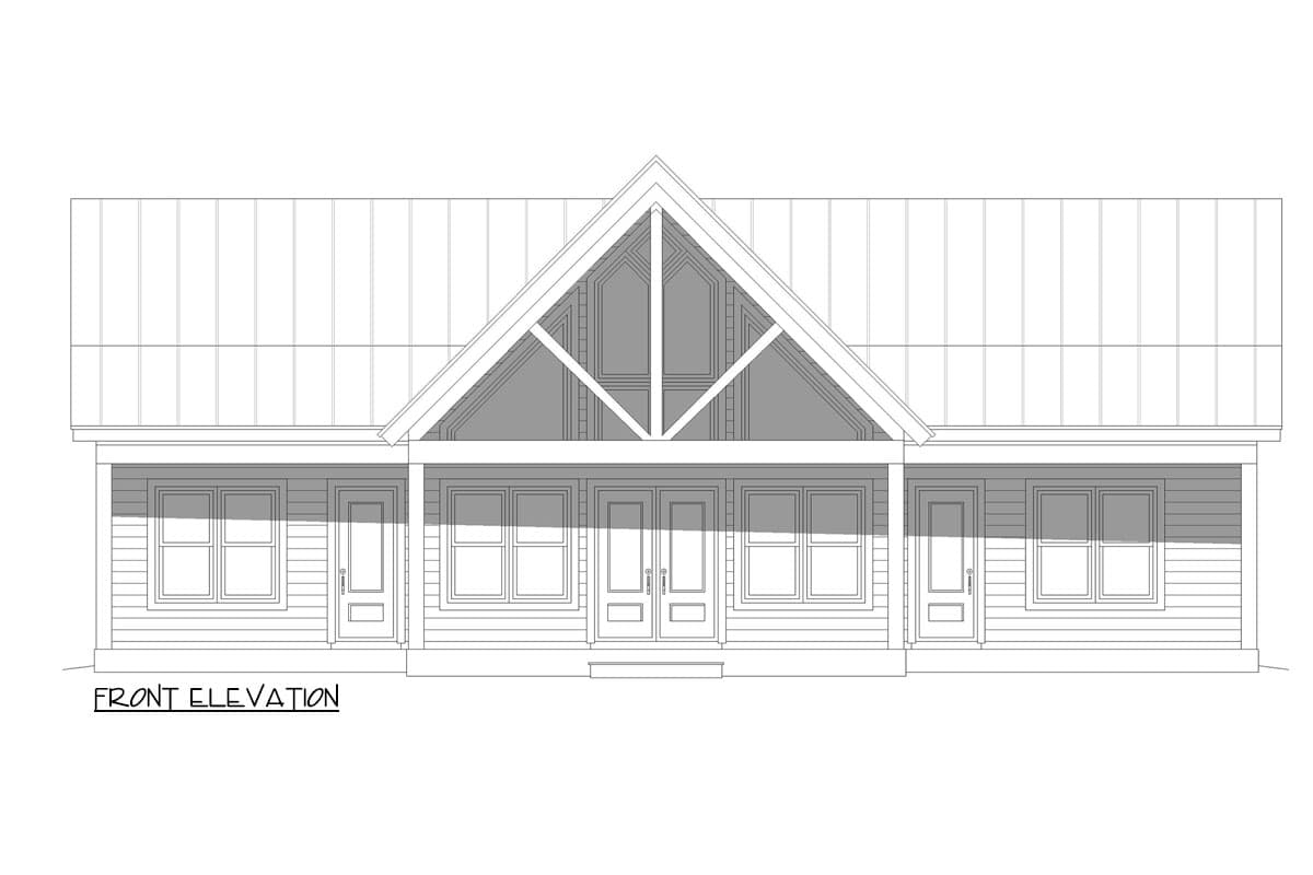Front elevation of a house plan with a prominent gable, covered porch, and double entry doors.