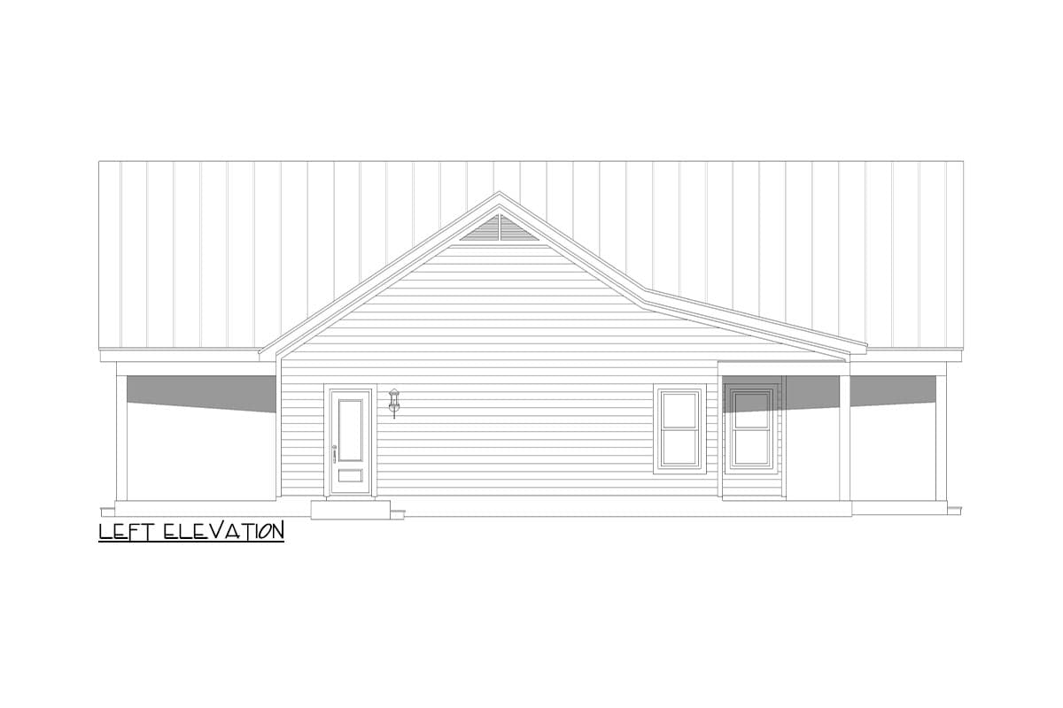 Left elevation house plan showing a single-story home with a gabled roof, covered entry porch, and horizontal siding.
