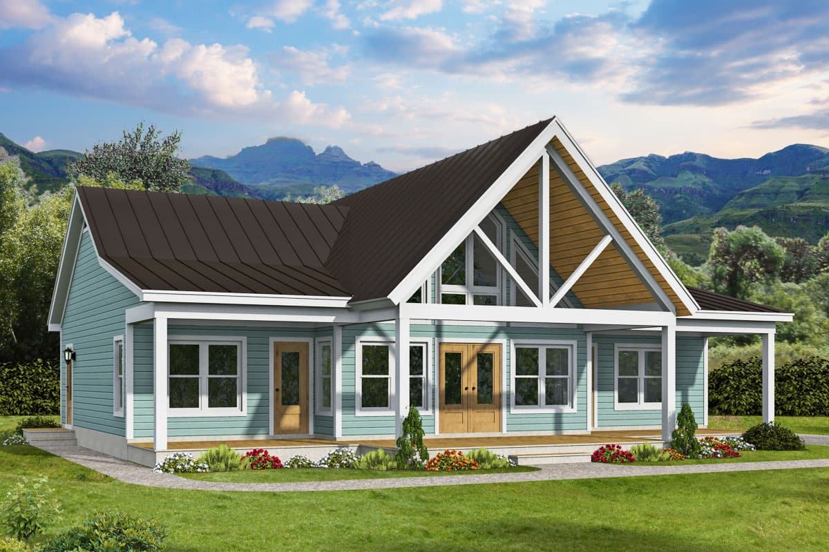 House plan exterior. Craftsman-style home with gabled roof, front porch, and exposed structural timber framing at the entry.