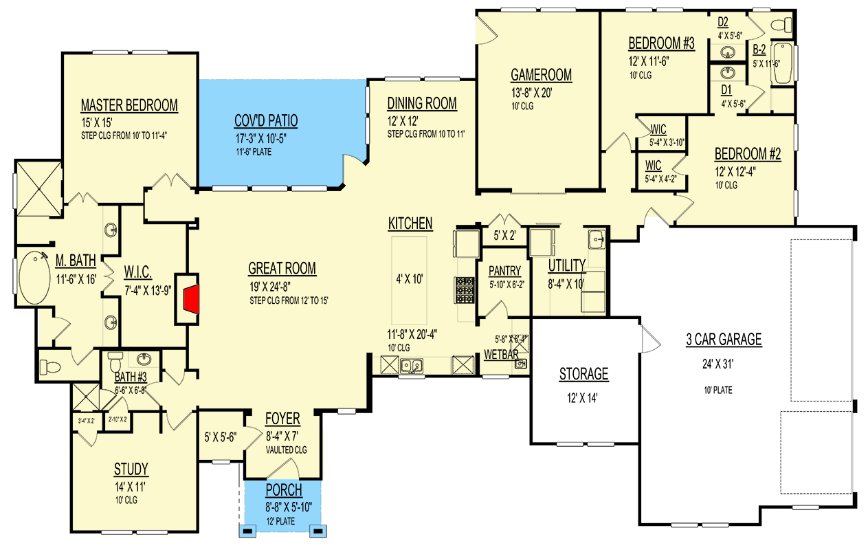 Plan 264188KMD: 3-Bedroom Ranch House Plan with Study or Library - 3122 Sq Ft - Floor Plan - Main Level - Ranch, Traditional