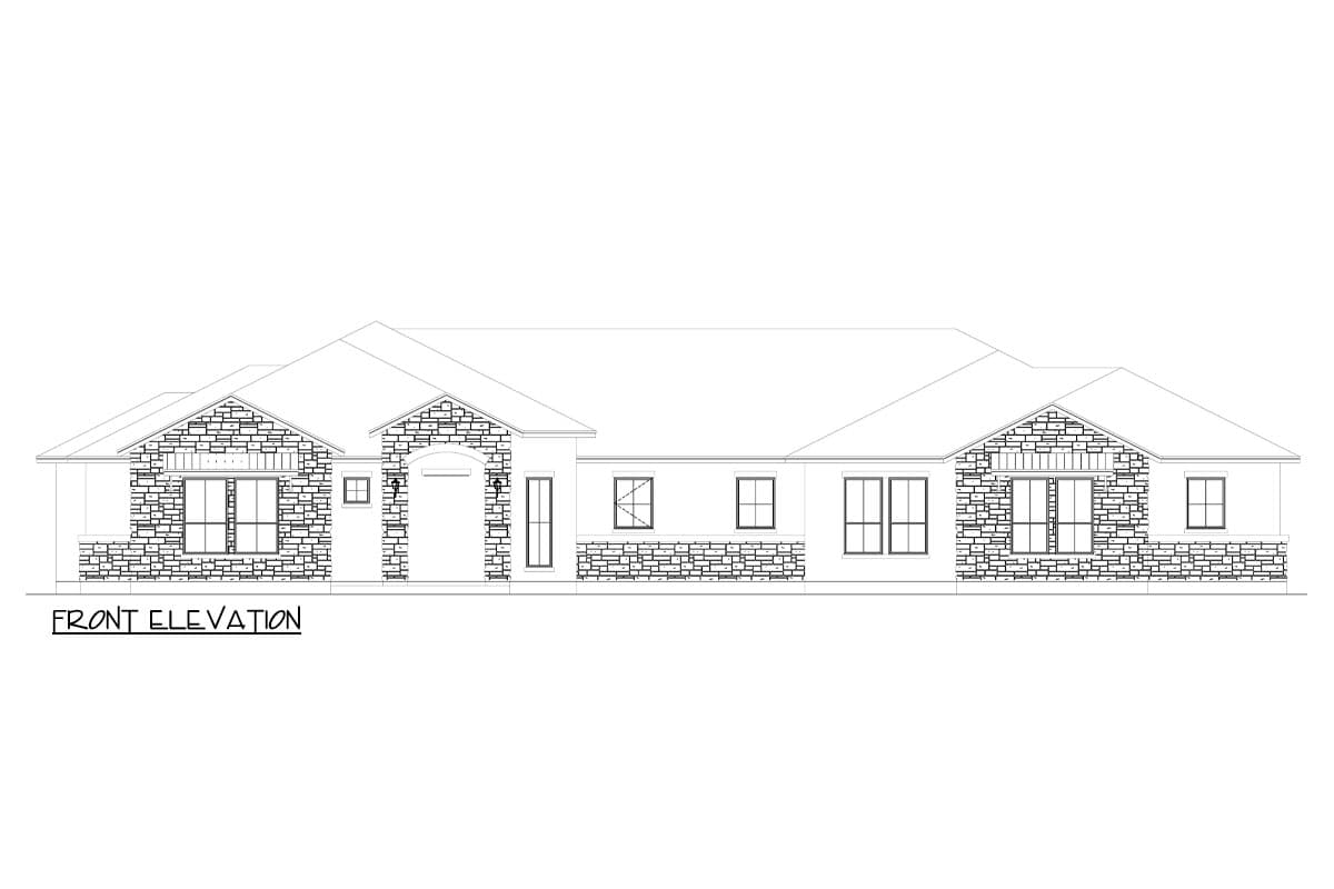 Front elevation of a single-story house plan featuring stone accents, an arched entryway, and multiple windows.