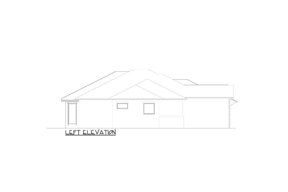 Left elevation drawing of a single-story house plan with a hip roof, gable detail, and two windows.