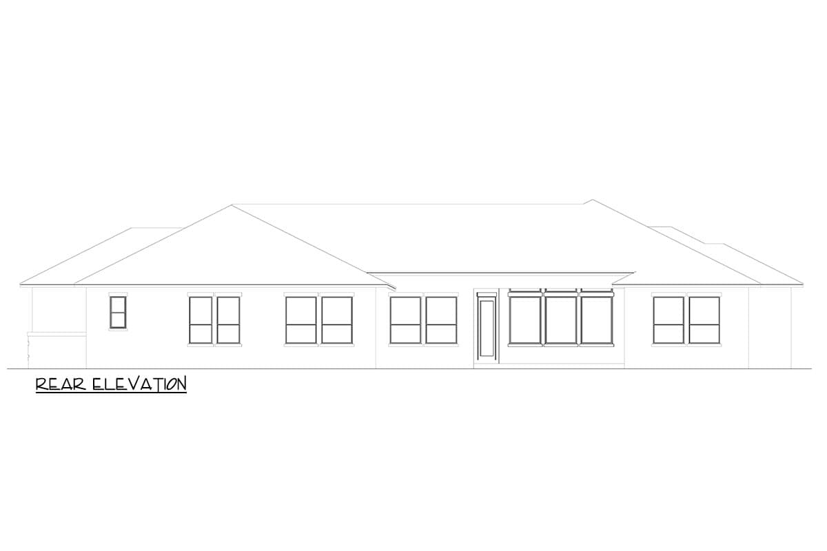 Rear elevation of a one-story house plan featuring multiple windows and a covered patio area.