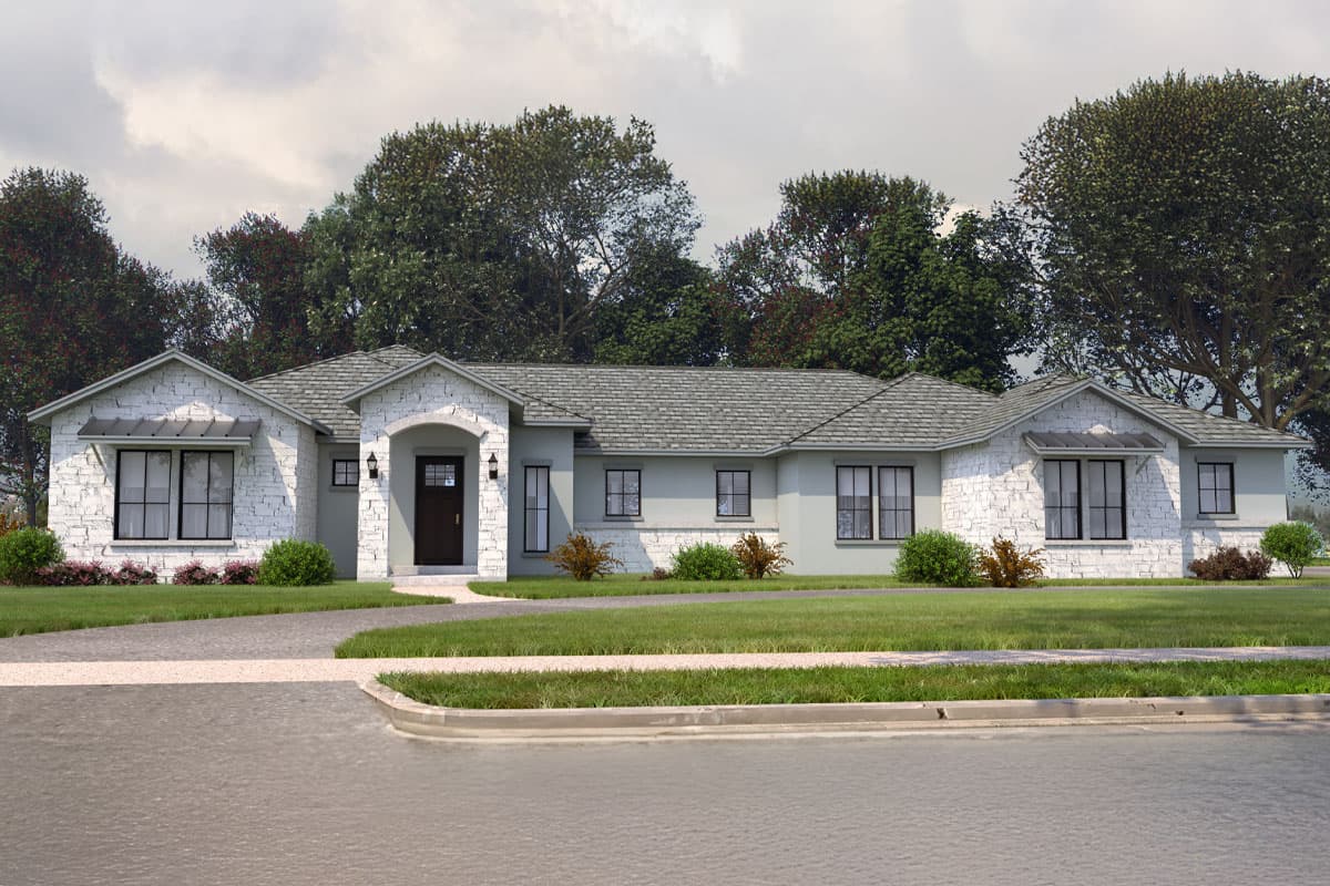 House plan exterior. Ranch style with stone accents, gabled roof, and recessed entry. Features a front-facing walkway and driveway.
