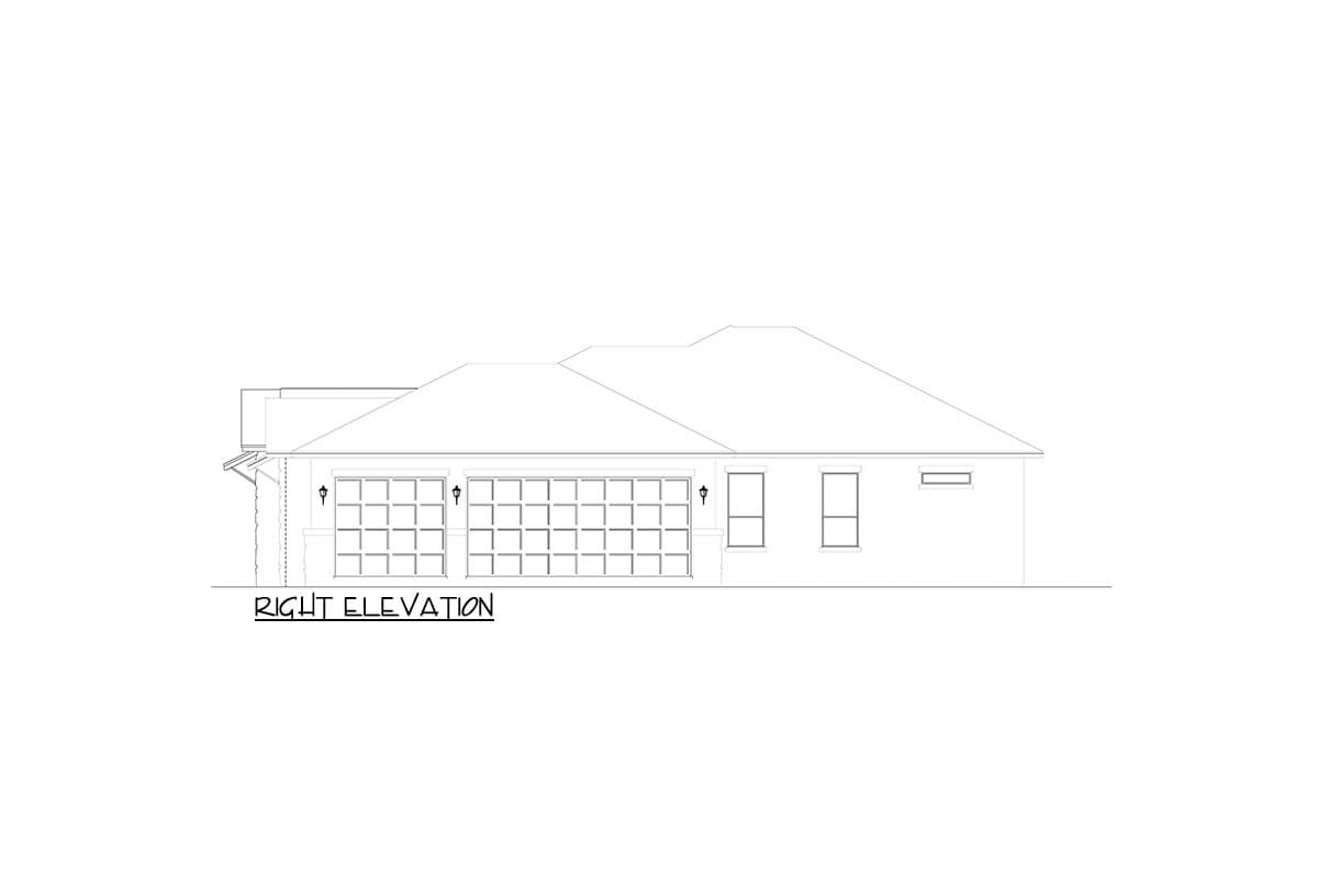 Right elevation house plan with two garage doors, three windows, and a hip roof.