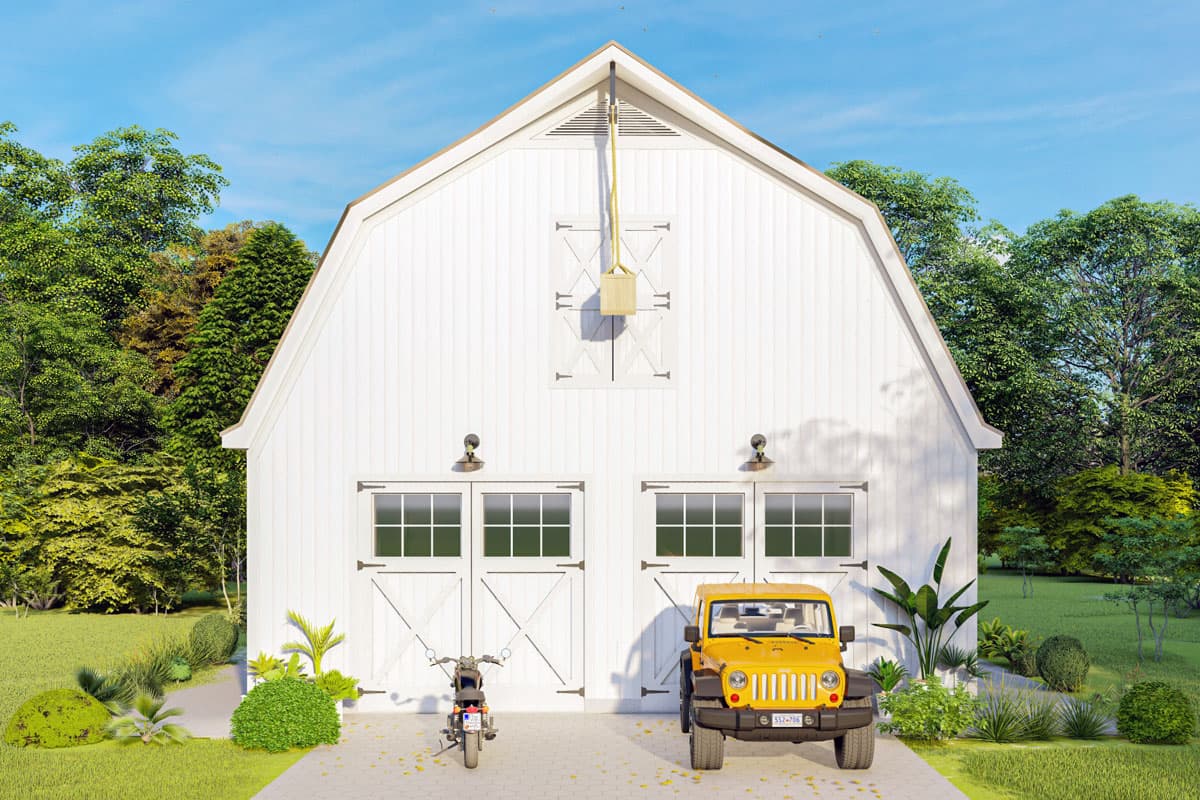 House plan exterior of a two-story Modern Farmhouse with gambrel roof, two garage doors, and large gable vent.