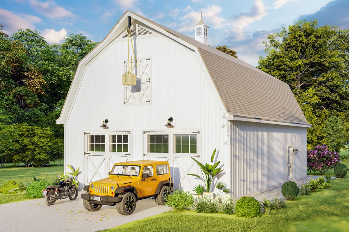House plan exterior. Two-story barn-style structure with gable roof, cupola, and garage doors. Includes a vehicle in the driveway.