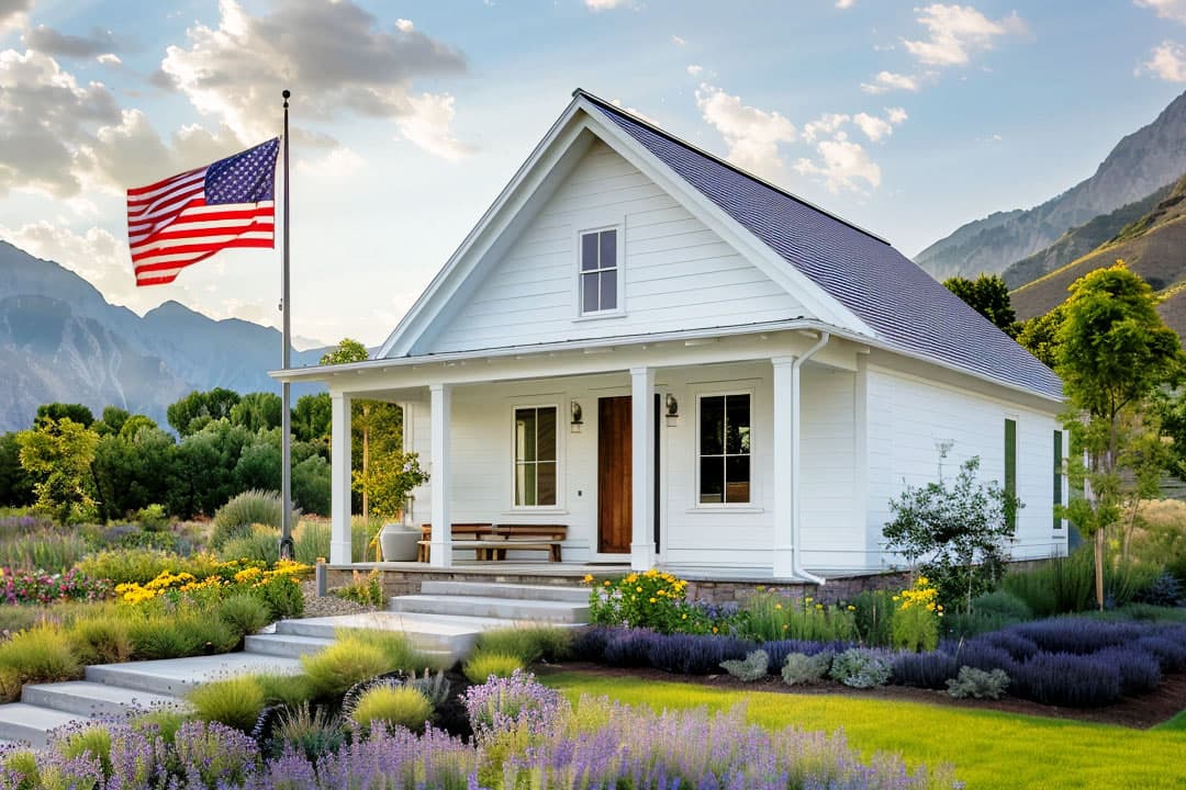 House plan exterior. Two-story Modern Farmhouse with gabled roof, front porch with columns, and dormer window. Landscaped front yard.